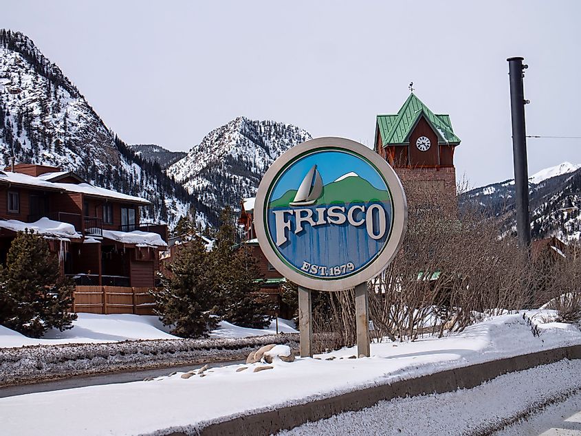 Frisco, Colorado welcome sign on a winter day
