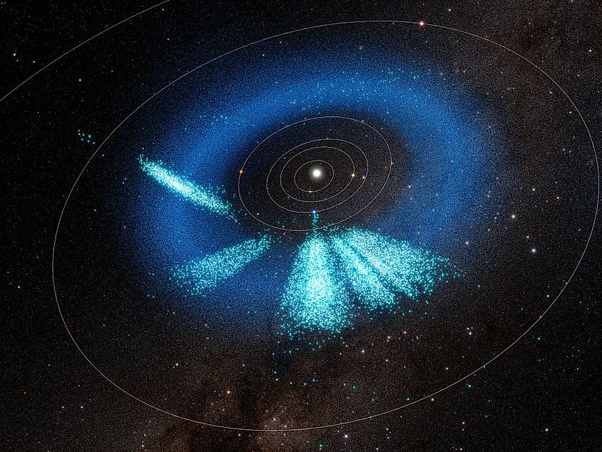 A rendering of the inner solar system shows asteroids discovered by Rubin in light teal, while previously known asteroids appear in dark blue.