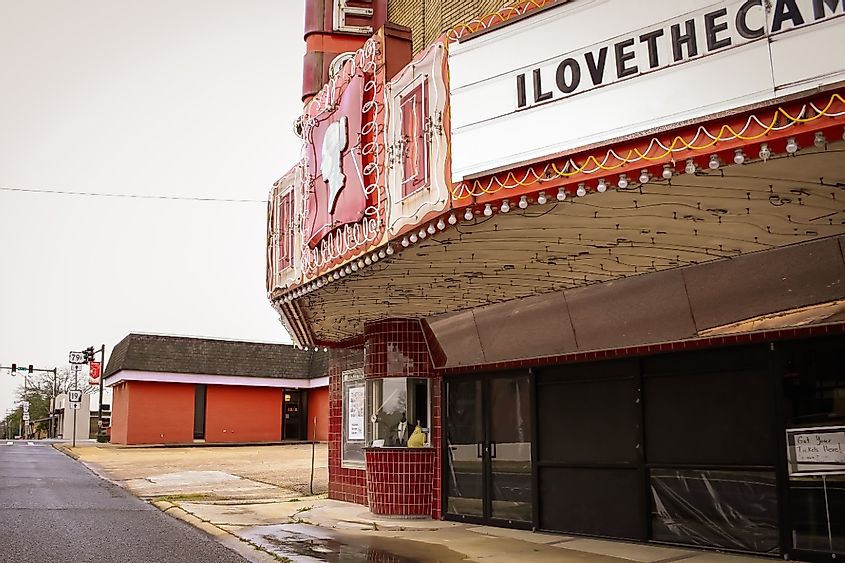 Magnolia, Arkansas United States - January 1 2021: a beautiful old theatre with neon lighting