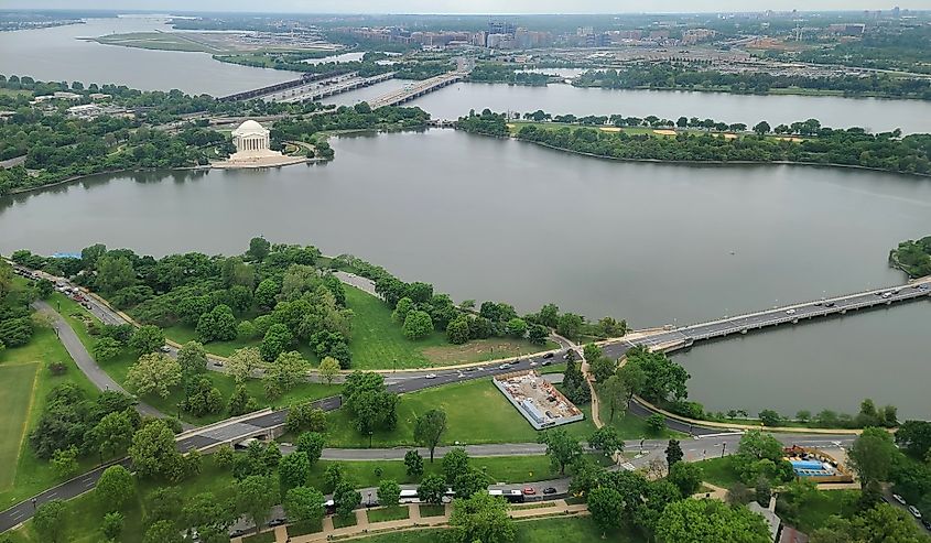 South view aerial of the National Mall with the Thomas Jefferson Memorial across the Tidal Basin, seen from the Washington Memorial in Washington DC.