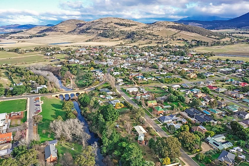 Aerial view of Richmond, Tasmania, Australia.