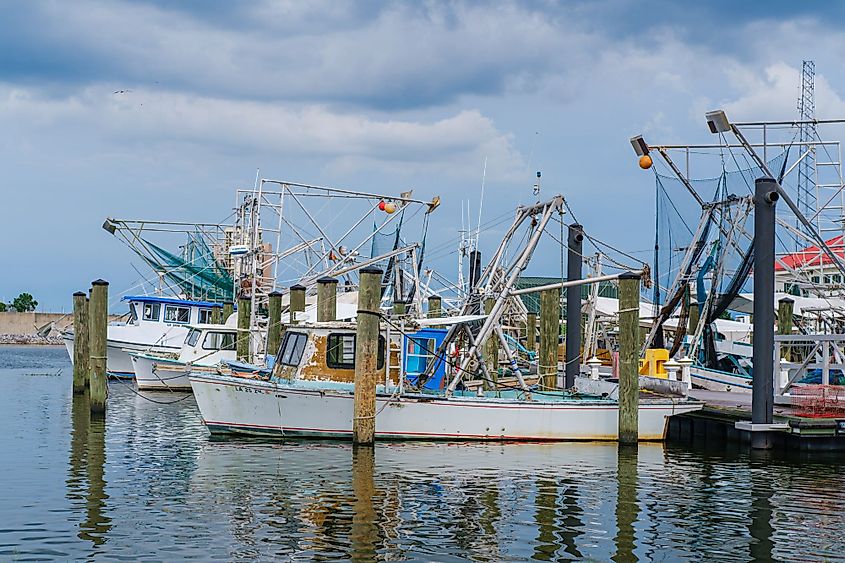 Fishing boats and trawlers in Bucktown Harbor on Lake Pontchartrain in Metairie, Louisiana