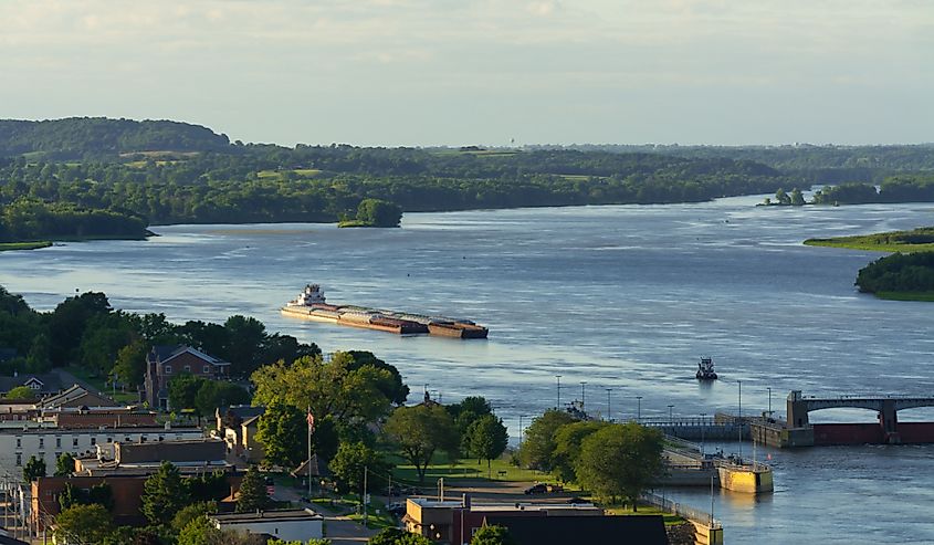 Overlooking the town of Bellevue and the Mississippi River on a Summer afternoon. Bellevue, Iowa, USA.