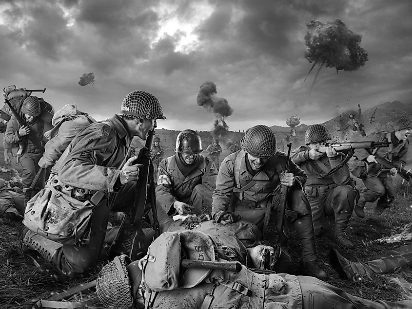 American soldiers on Field of Second World War Battle. 