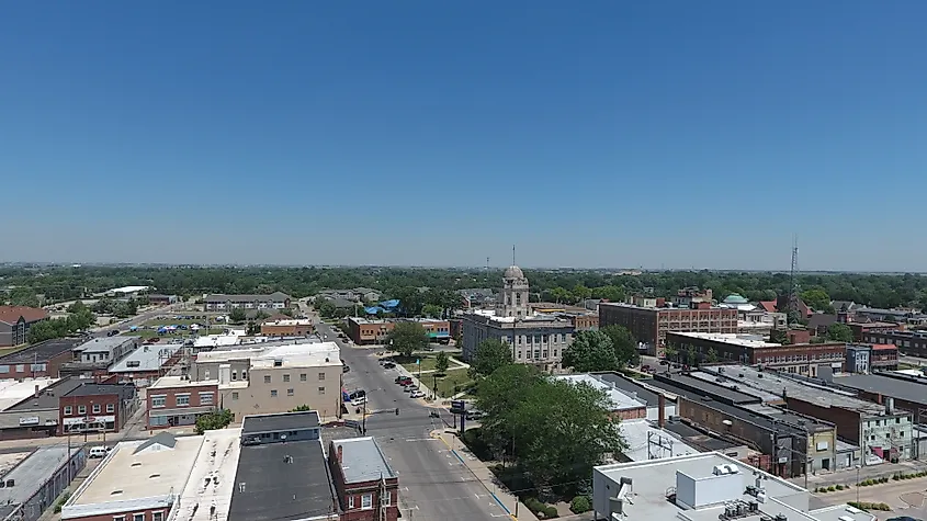 Aerial view of downtown Newton, Iowa, includes the Jasper County Courthouse.