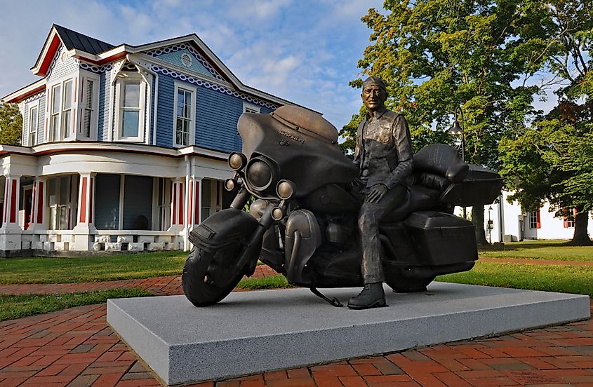 The Road Warrior sculpture, a tribute to Second World War veterans, stands at the Oldham County History Center campus in La Grange, Kentucky.