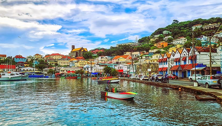 Inner harbor in St Georges with Cathedral of the Immaculate Conception beyond, Grenada