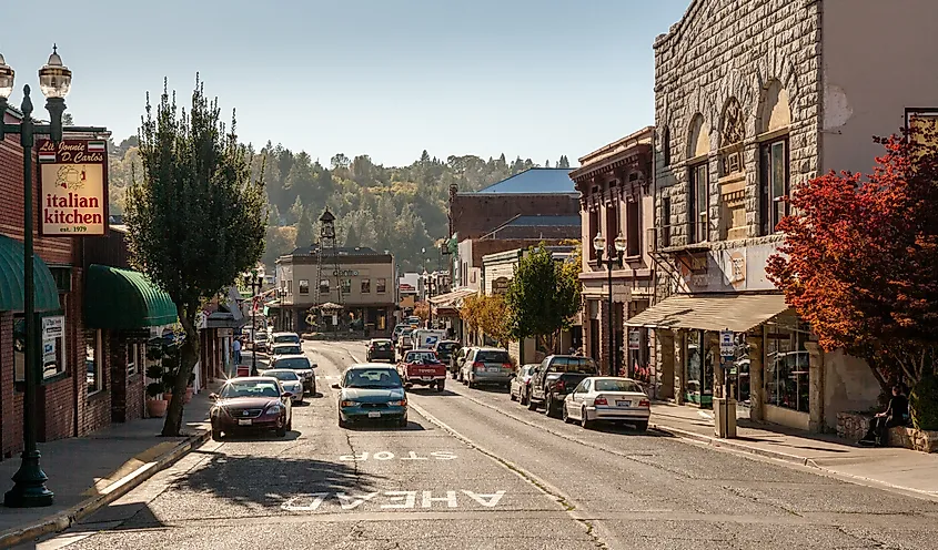 Main Street in Placerville, California, with historic buildings.