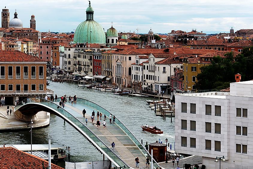 Venice, Italy, july 2020. Top view of Constitution Bridge and the city skyline. A beautiful hot summer day. Perfect time for tourists.