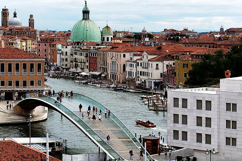 Venice, Italy, july 2020. Top view of Constitution Bridge and the city skyline. A beautiful hot summer day. Perfect time for tourists.