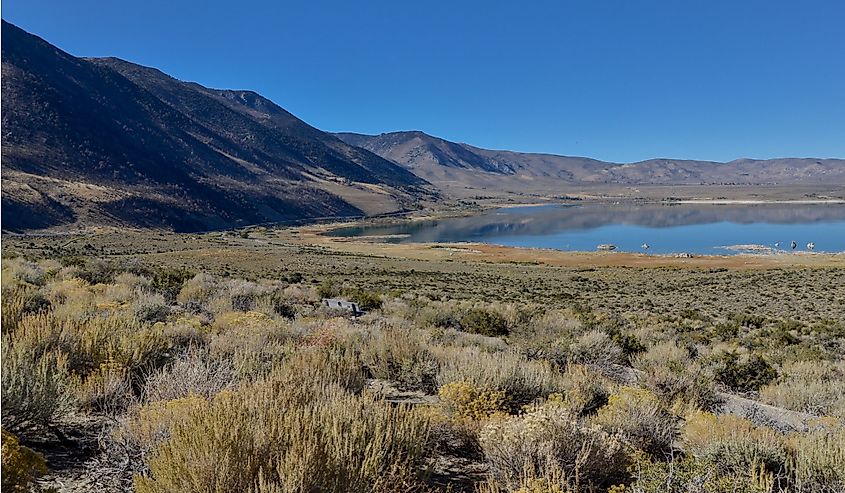 US 395 Highway passing Mono Lake on the eastern side of Sierra Nevada mountains Lee Vining, Mono county, California