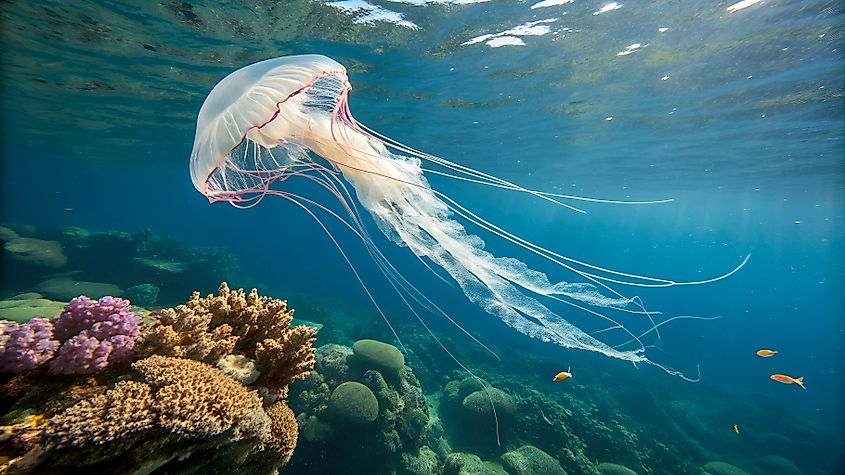 A jellyfish in the ocean.