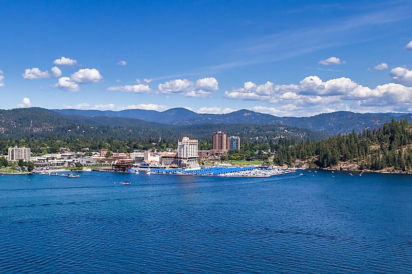 Aerial view of the Coeur d'Alene resort and marina and Lake Coeur d'Alene in Coeur d'Alene, Idaho.