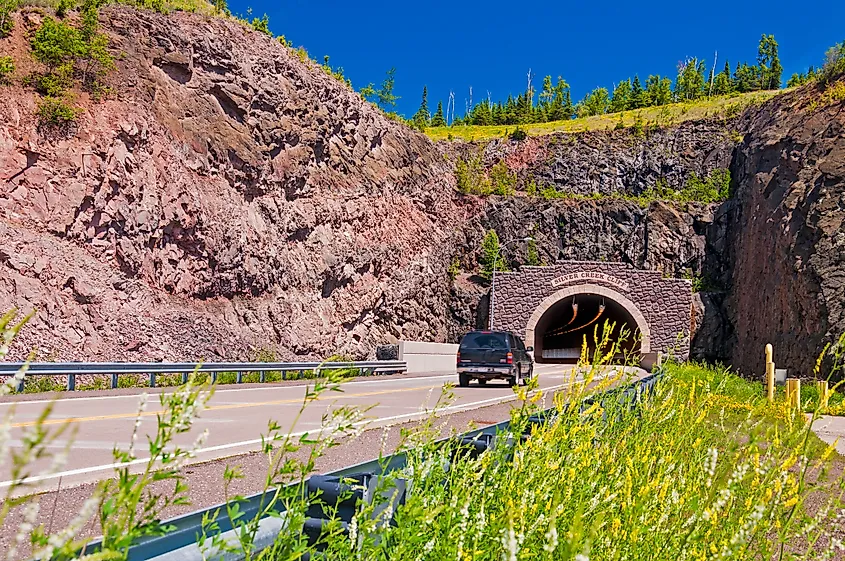 Highway 61 winds through Silver Creek Cliff along Minnesota's North Shore Scenic Drive.