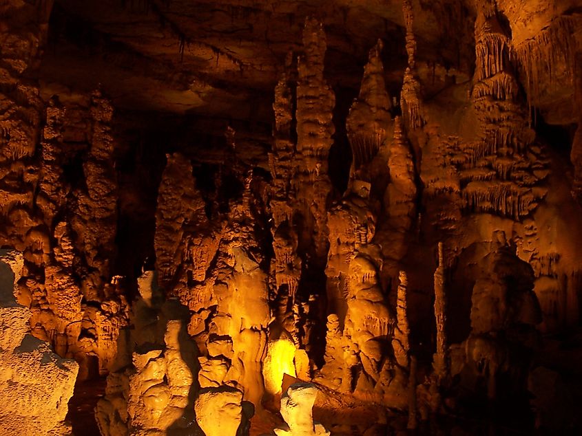 Interior of Cathedral Caverns State Park with large stalagmites and stalactites under warm lighting.