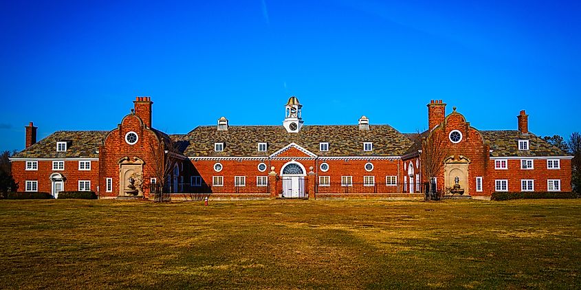 Landmark Red Brick Building Architecture in Caumsett State Historic Park Preserve in Long Island, Lloyd Harbor, New York.
