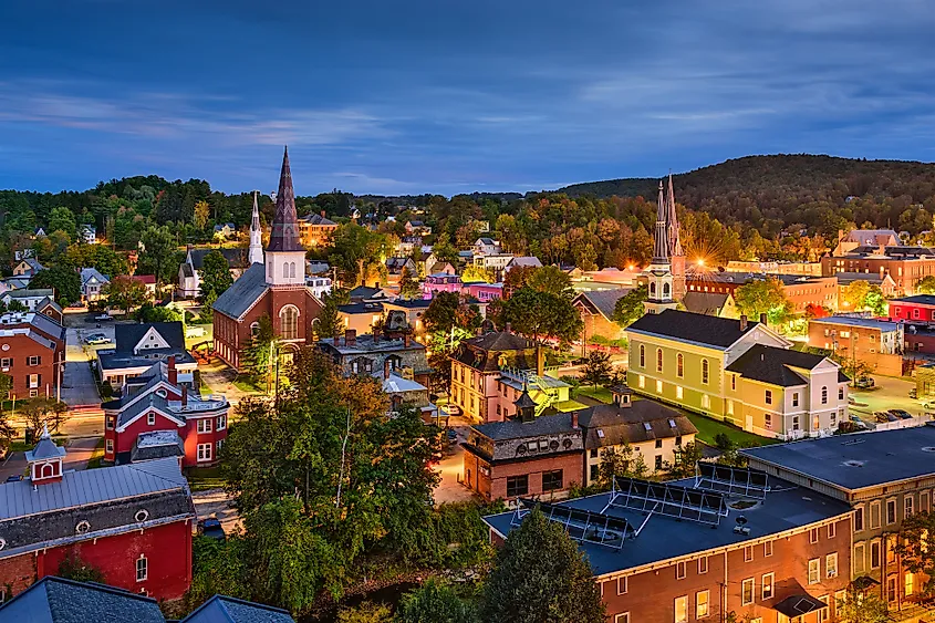 The Vermont State House in Montpelier with autumn foliage.
