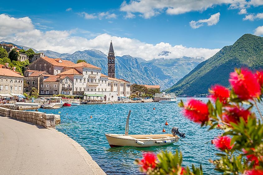 Scenic panorama view of the historic town of Perast at famous Bay of Kotor