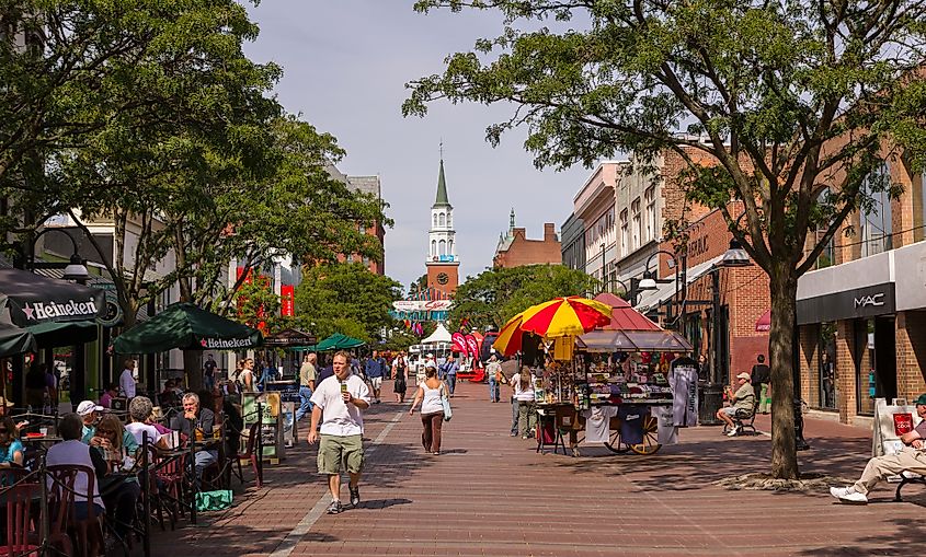 People on Church Street in Burlington, Vermont