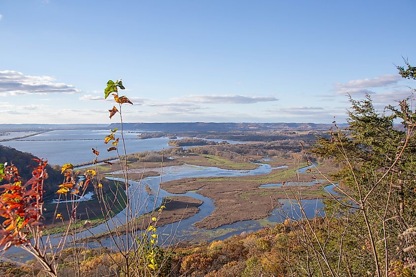 the view of the Mississippi river from the top of brady's bluff in perrot state park in Trempealeau, Wisconsin.