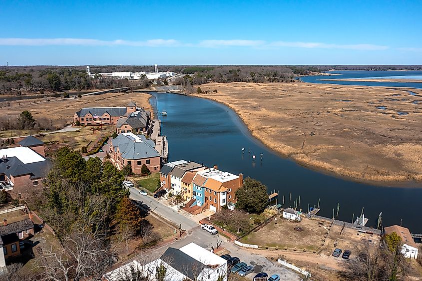 Aerial view of homes on the Pagan River in Smithfield, Virginia