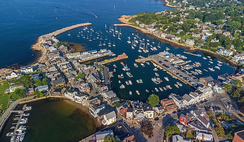 Rockport Harbor and Motif Nr. 1 aerial view in Rockport, Massachusetts