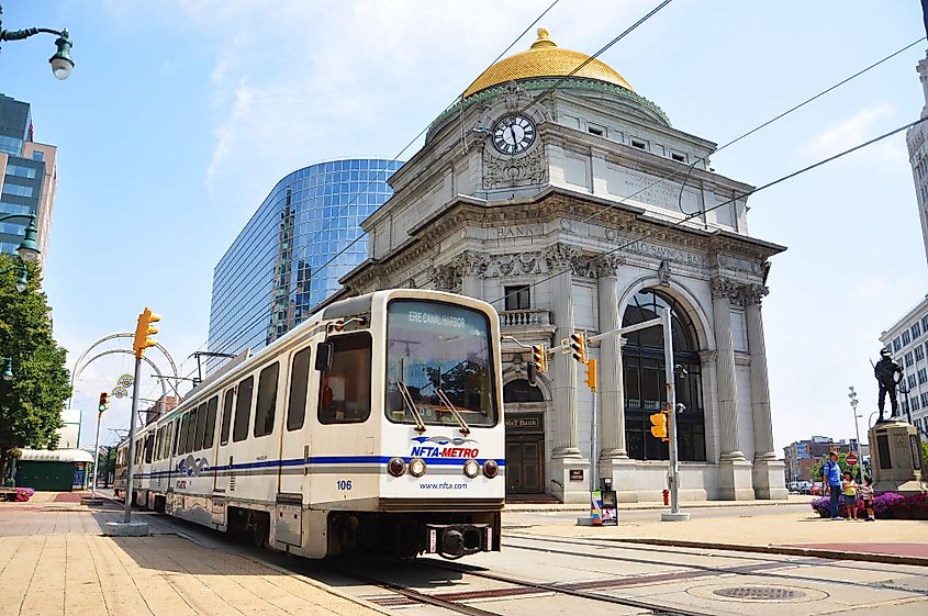 Metro Rail in front of Buffalo Savings Bank in downtown Buffalo, New York