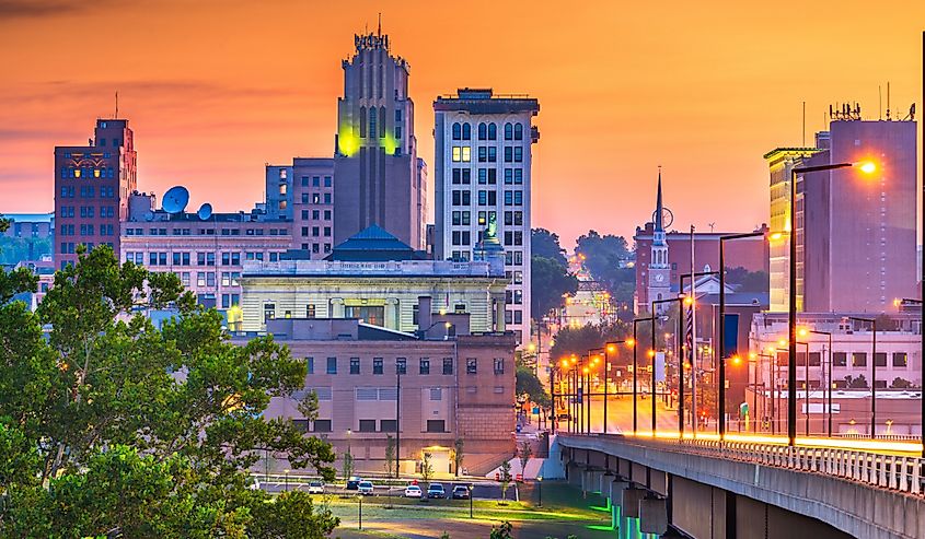 Youngstown, Ohio, downtown skyline at twilight.