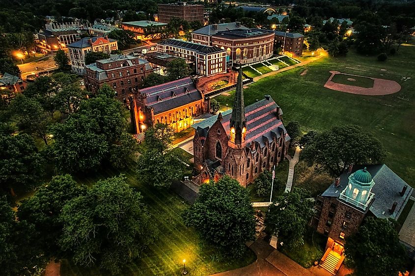  Aerial view of Memorial Chapel at Wesleyan University in Middletown, Connecticut.