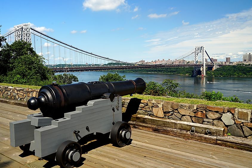 View of a historic cannon at Fort Lee in New Jersey.