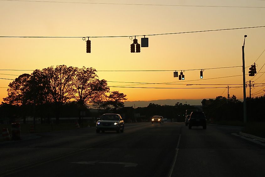 Alabama State Route 77 in Rainbow City, Alabama at night.