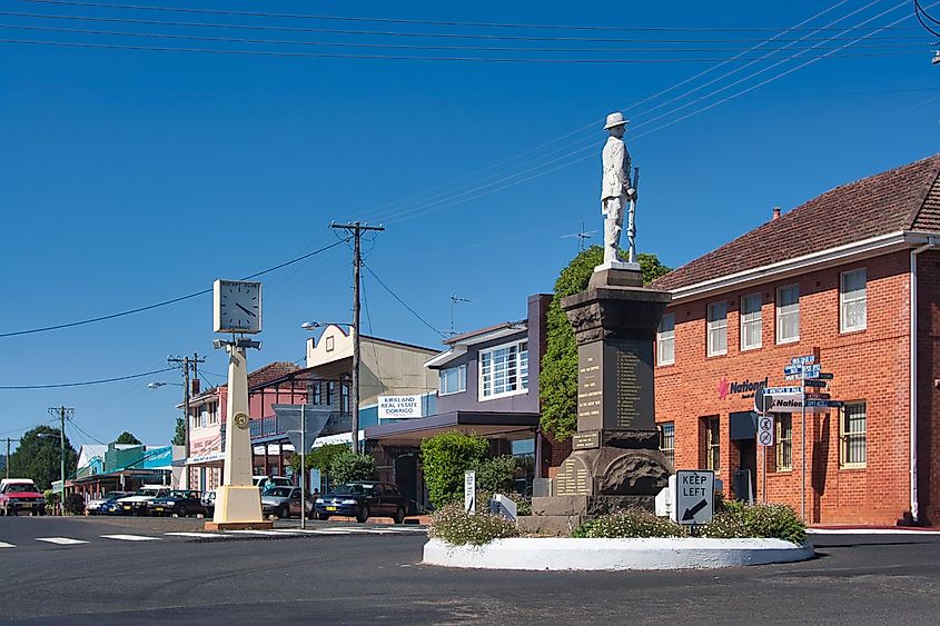 Street scene of a typical country town with war memorial, at Dorrigo in the mid New South Wales countryside
