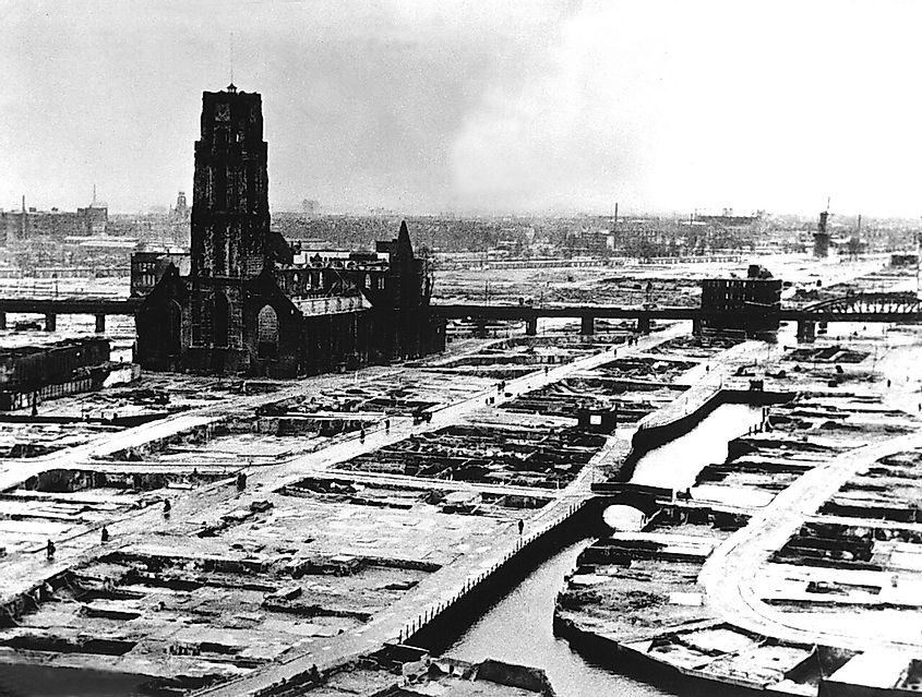 Aerial black and white view of Germans bombed Rotterdam as part of the offensive on the Netherlands.