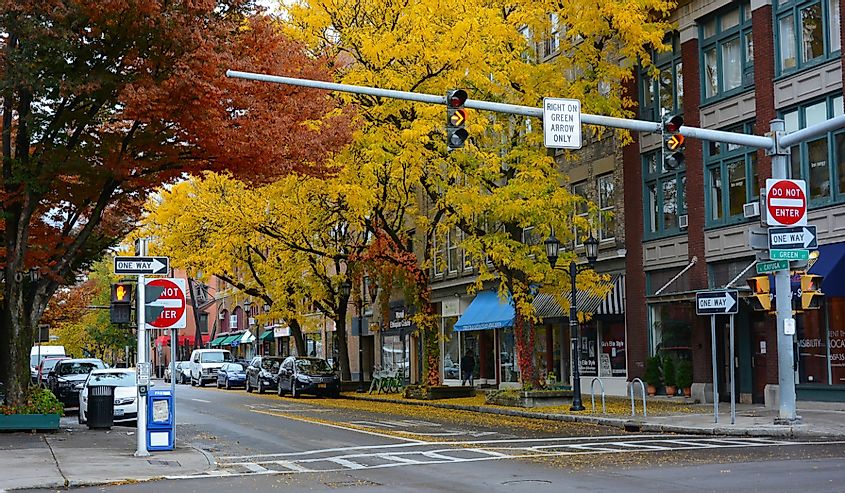 Cayuga Street in downtown Ithaca with trees in fall colors.