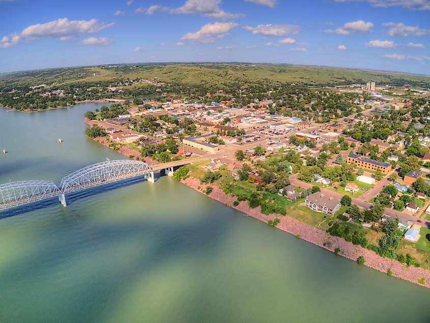 Aerial view of Chamberlain, South Dakota along the Missouri River.