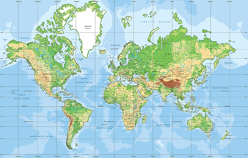 Physical map of World in Mercator Projection