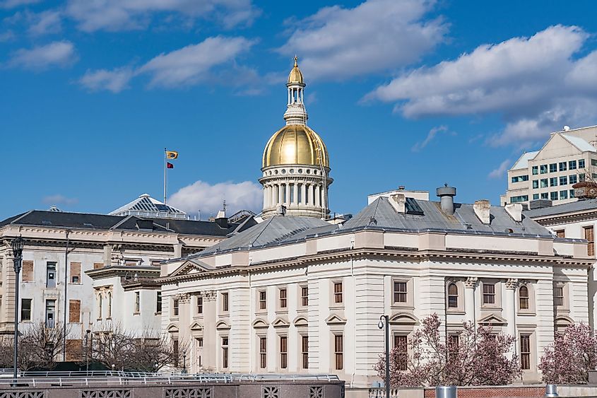 Gold dome of the New Jersey State Capitol building in Trenton on a beautiful spring day. 