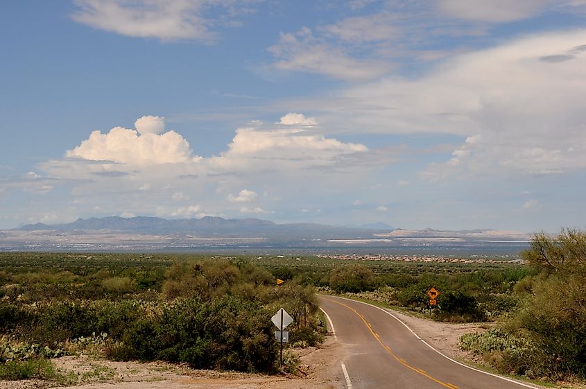 View of Sierrita Mountains and copper mines from Corona de Tucson. 