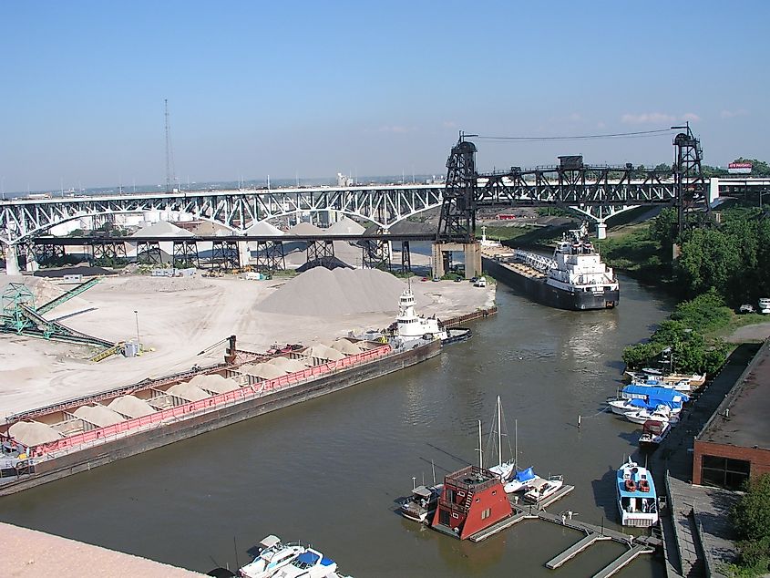 The Cuyahoga River winding through downtown Cleveland toward Lake Erie