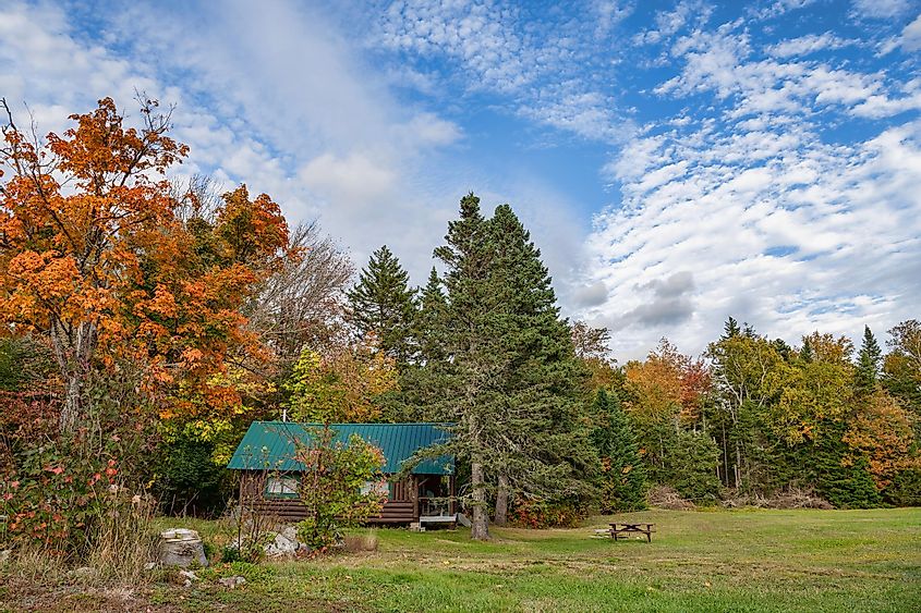 Log Cabin at Kidney Pond Campground at Baxter State Park in Maine in Fall