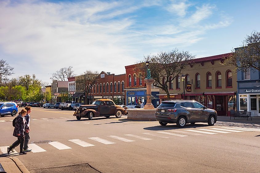 A couple crosses at the intersection in downtown Sleepy Hollow in New York state