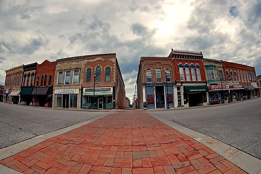 Downtown street in Winterset, Iowa.