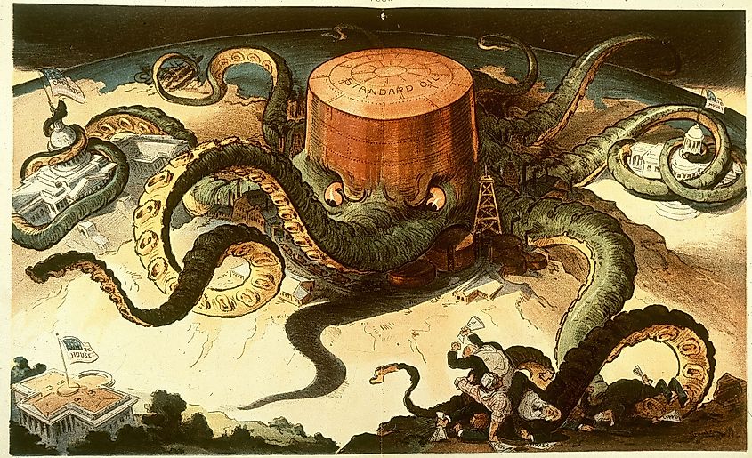 Fear of monopolies ("trusts") is shown in this critique of Rockefeller's Standard Oil Company.