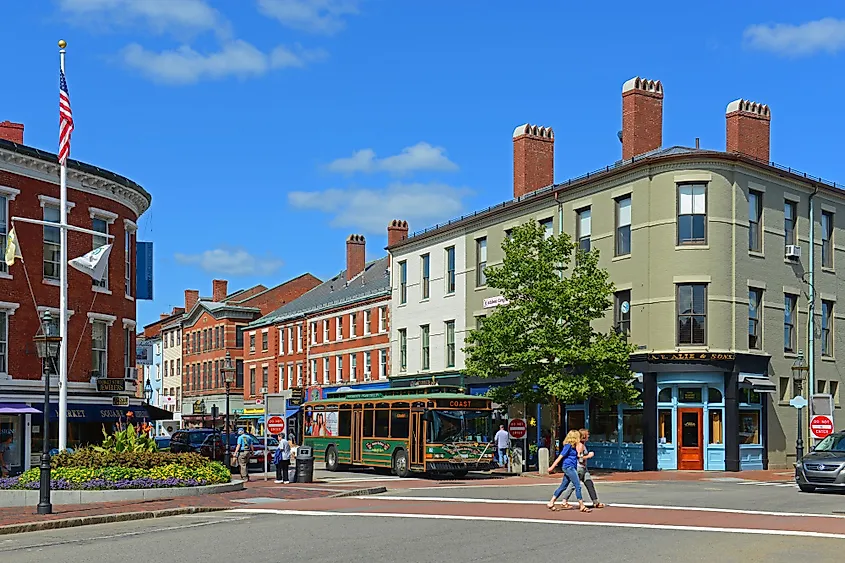 Historic buildings on Market Street at Market Square in downtown Portsmouth, New Hampshire.