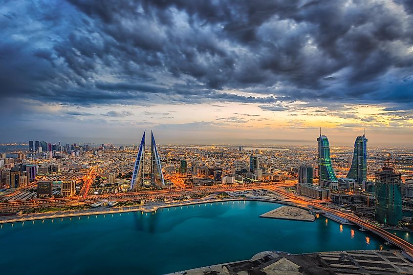 Aerial view of architecture and newly constructed areas in Manama, Bahrain.