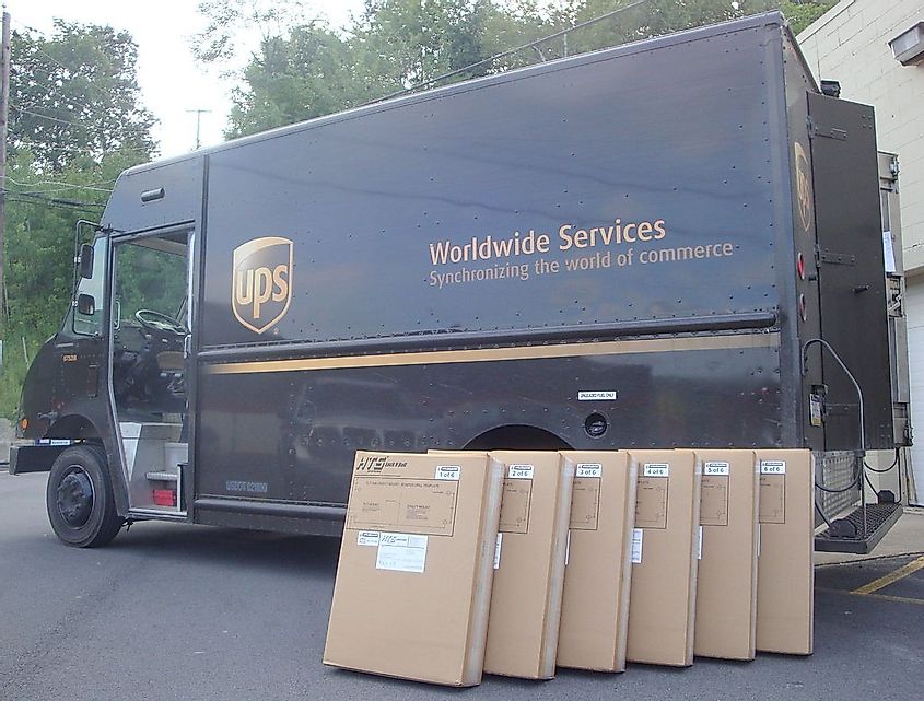 United Parcel Service package car prepares for HTS Systems customer pickup in Pennsylvania