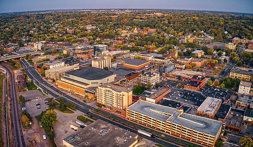 Aerial view of Mankato, Minnesota at dusk.