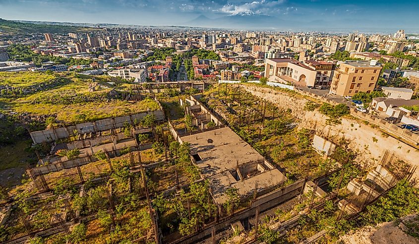 abandoned construction site on top of the Cascade monument in Yerevan, as a symbol of poverty and stagnation of the economy, Yerevan, Armenia