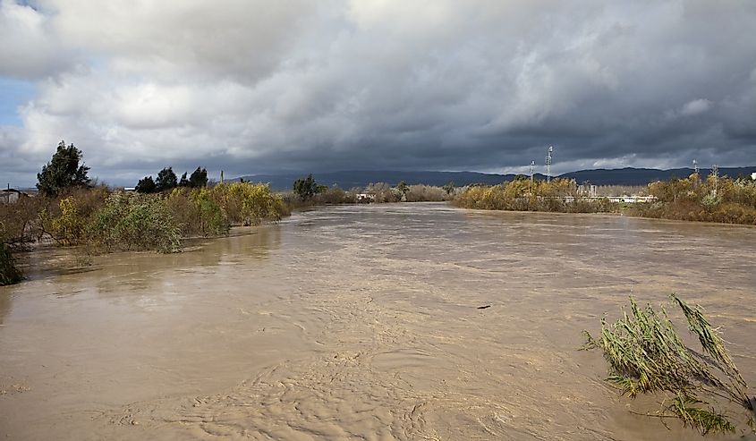 Spain guadalquivir River to the point of overflow caused by heavy rains, Andajar, Jaen province, Andalusia, Spain