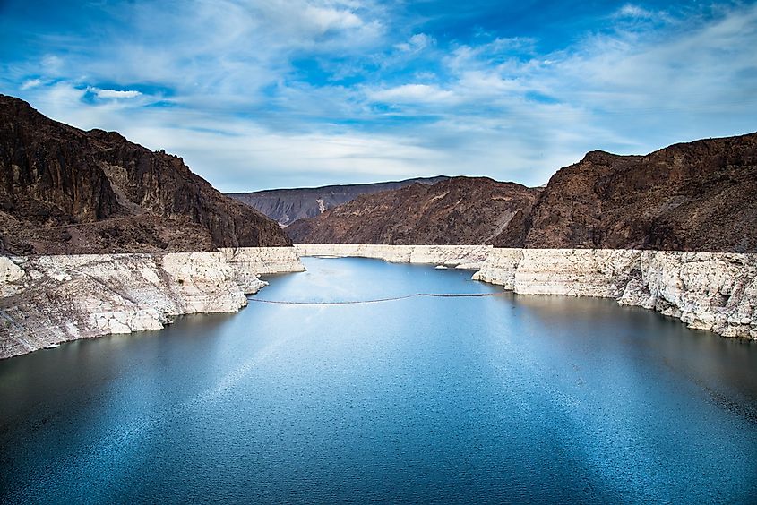Lake Mead, the reservoir formed behind Hoover Dam on the Colorado River and the largest reservoir in the United States by volume.